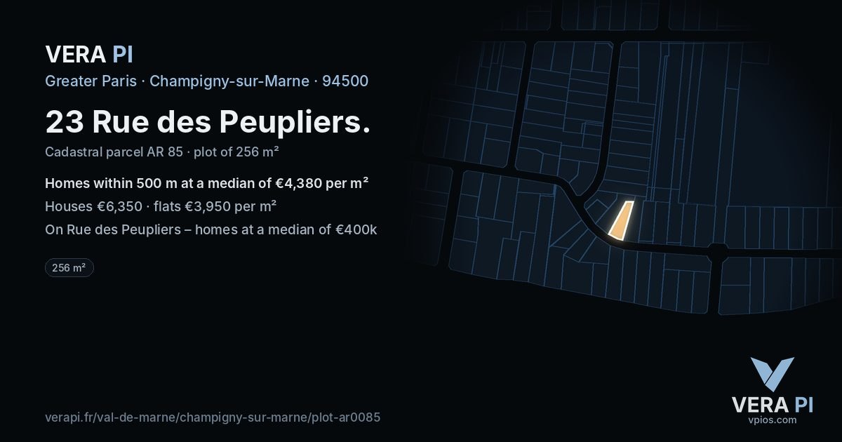 23 Rue des Peupliers, Champigny-sur-Marne at night – the plot lit, the parcels around coloured by the prices near them