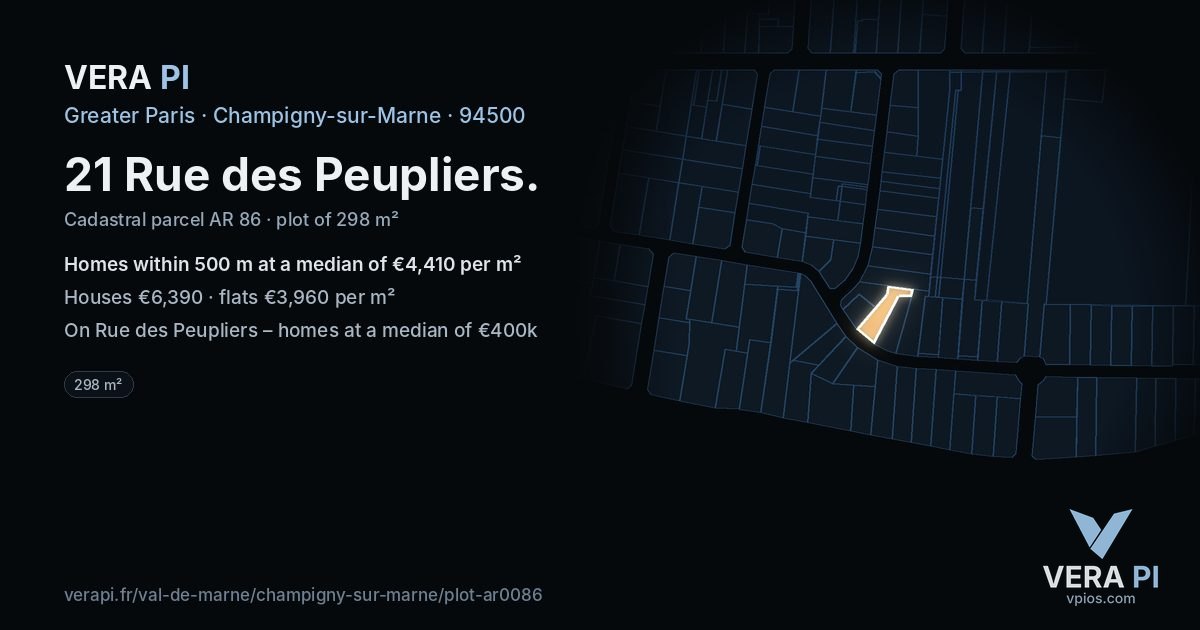 21 Rue des Peupliers, Champigny-sur-Marne at night – the plot lit, the parcels around coloured by the prices near them