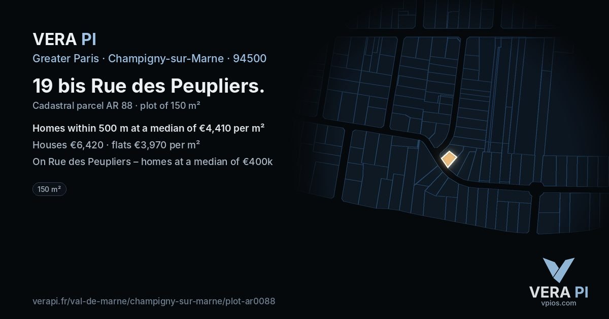 19 bis Rue des Peupliers, Champigny-sur-Marne at night – the plot lit, the parcels around coloured by the prices near them