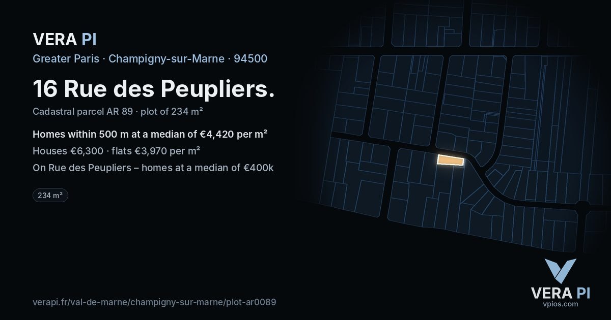16 Rue des Peupliers, Champigny-sur-Marne at night – the plot lit, the parcels around coloured by the prices near them