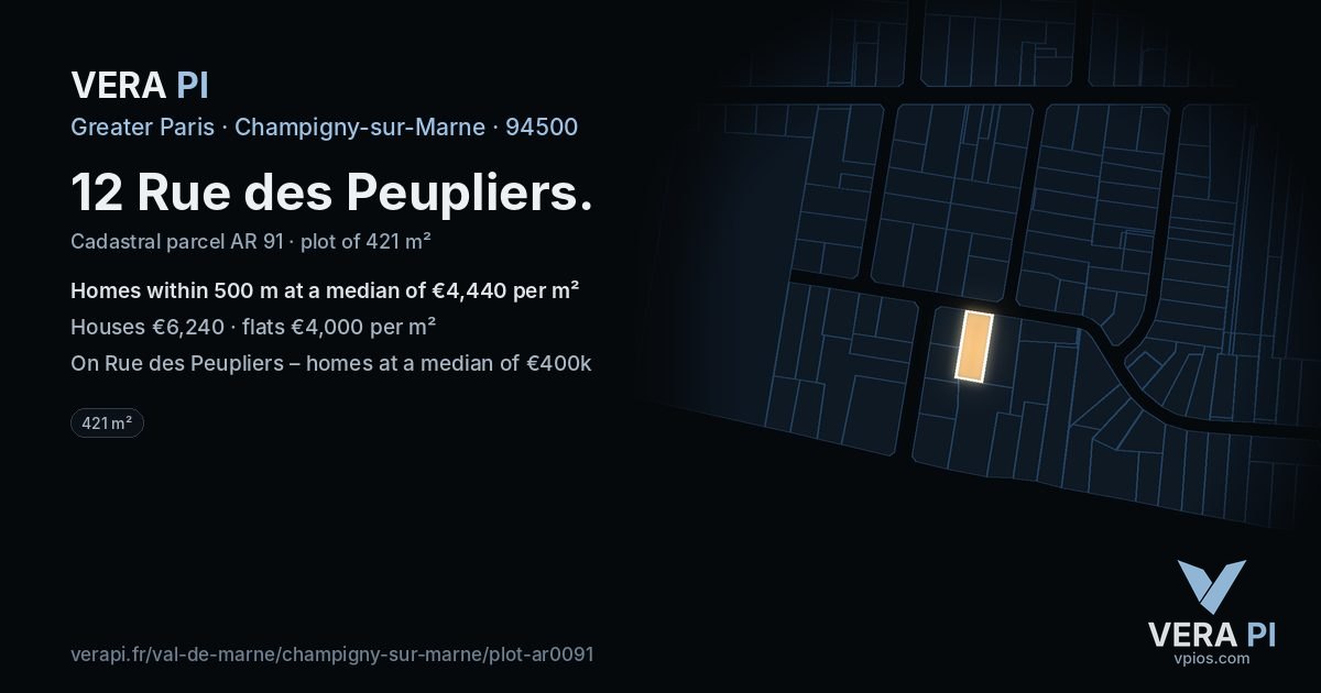 12 Rue des Peupliers, Champigny-sur-Marne at night – the plot lit, the parcels around coloured by the prices near them