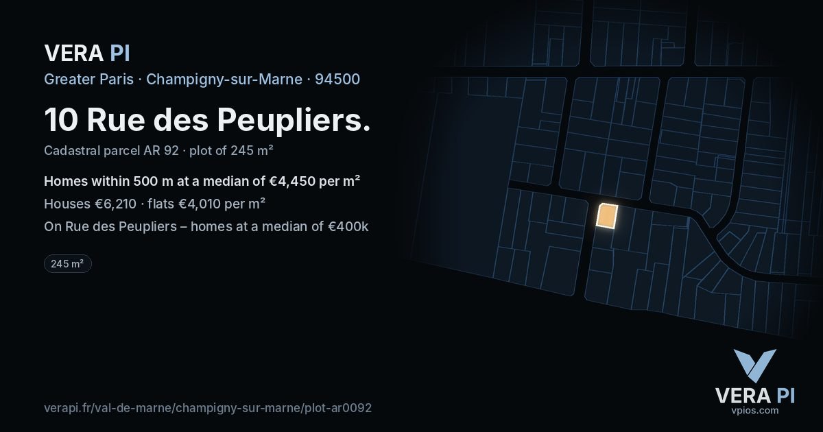 10 Rue des Peupliers, Champigny-sur-Marne at night – the plot lit, the parcels around coloured by the prices near them