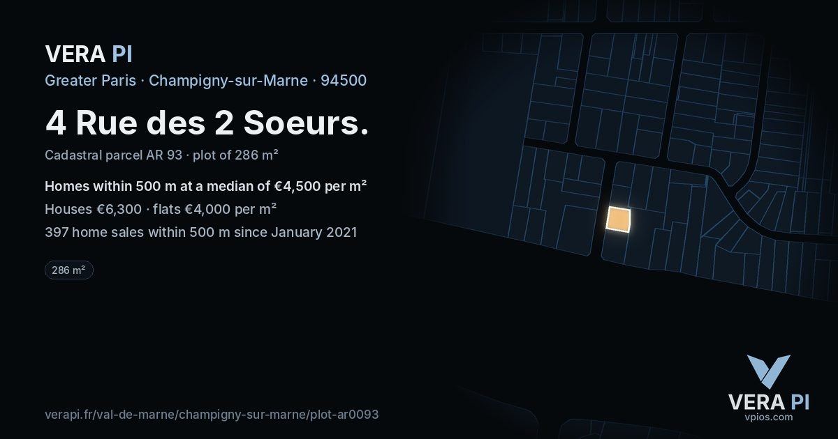4 Rue des 2 Soeurs, Champigny-sur-Marne at night – the plot lit, the parcels around coloured by the prices near them