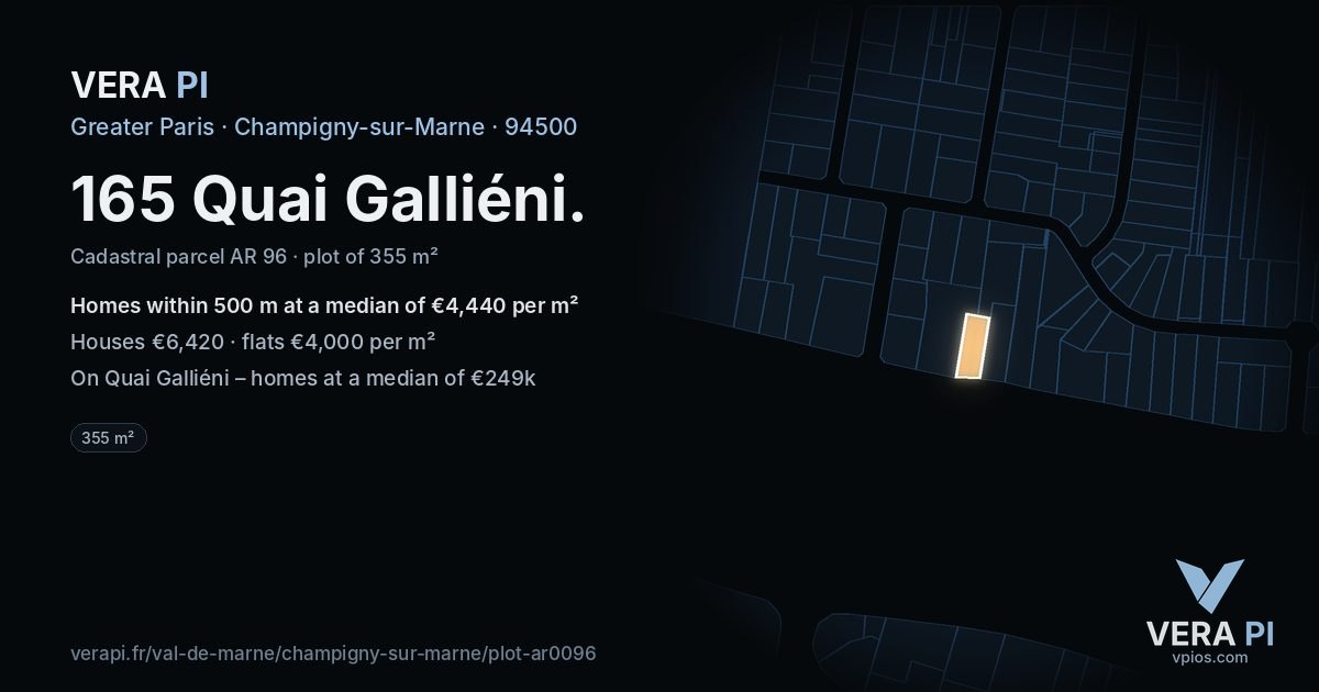 165 Quai Galliéni, Champigny-sur-Marne at night – the plot lit, the parcels around coloured by the prices near them