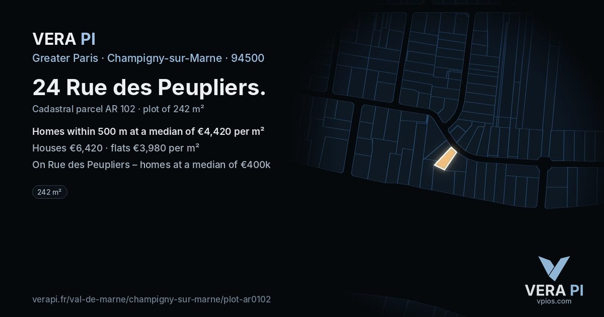 24 Rue des Peupliers, Champigny-sur-Marne at night – the plot lit, the parcels around coloured by the prices near them