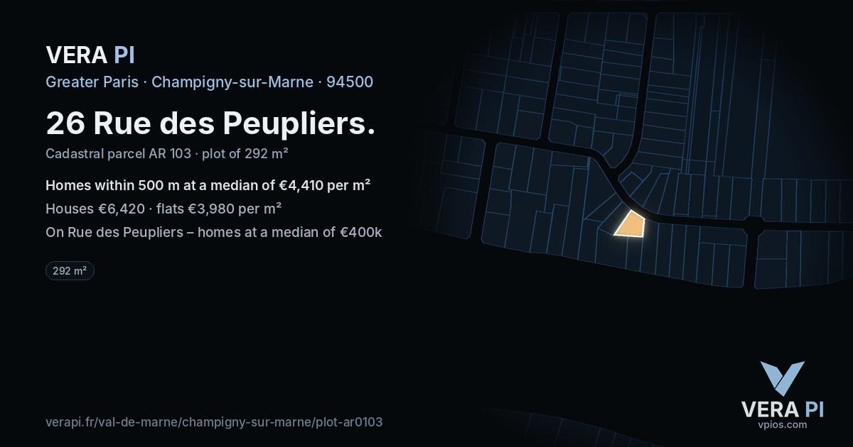 26 Rue des Peupliers, Champigny-sur-Marne at night – the plot lit, the parcels around coloured by the prices near them