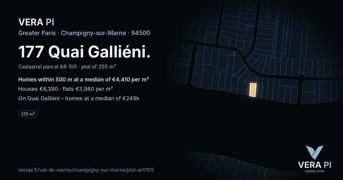 177 Quai Galliéni, Champigny-sur-Marne at night – the plot lit, the parcels around coloured by the prices near them