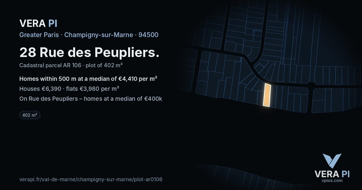 28 Rue des Peupliers, Champigny-sur-Marne at night – the plot lit, the parcels around coloured by the prices near them