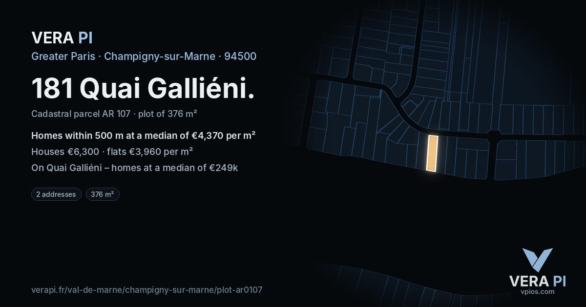 181 Quai Galliéni, Champigny-sur-Marne at night – the plot lit, the parcels around coloured by the prices near them