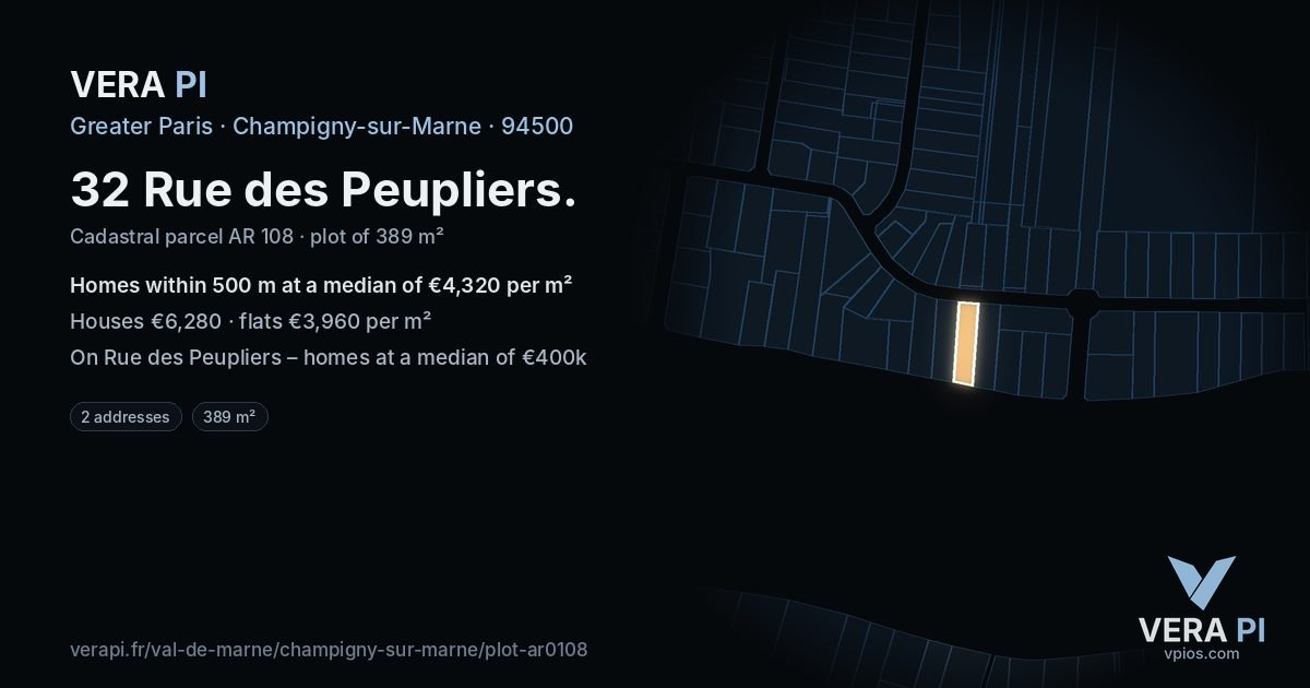 32 Rue des Peupliers, Champigny-sur-Marne at night – the plot lit, the parcels around coloured by the prices near them