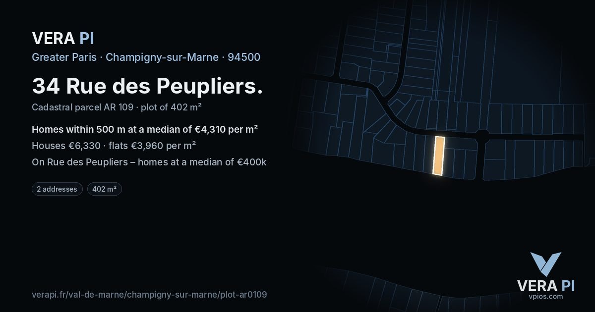 34 Rue des Peupliers, Champigny-sur-Marne at night – the plot lit, the parcels around coloured by the prices near them