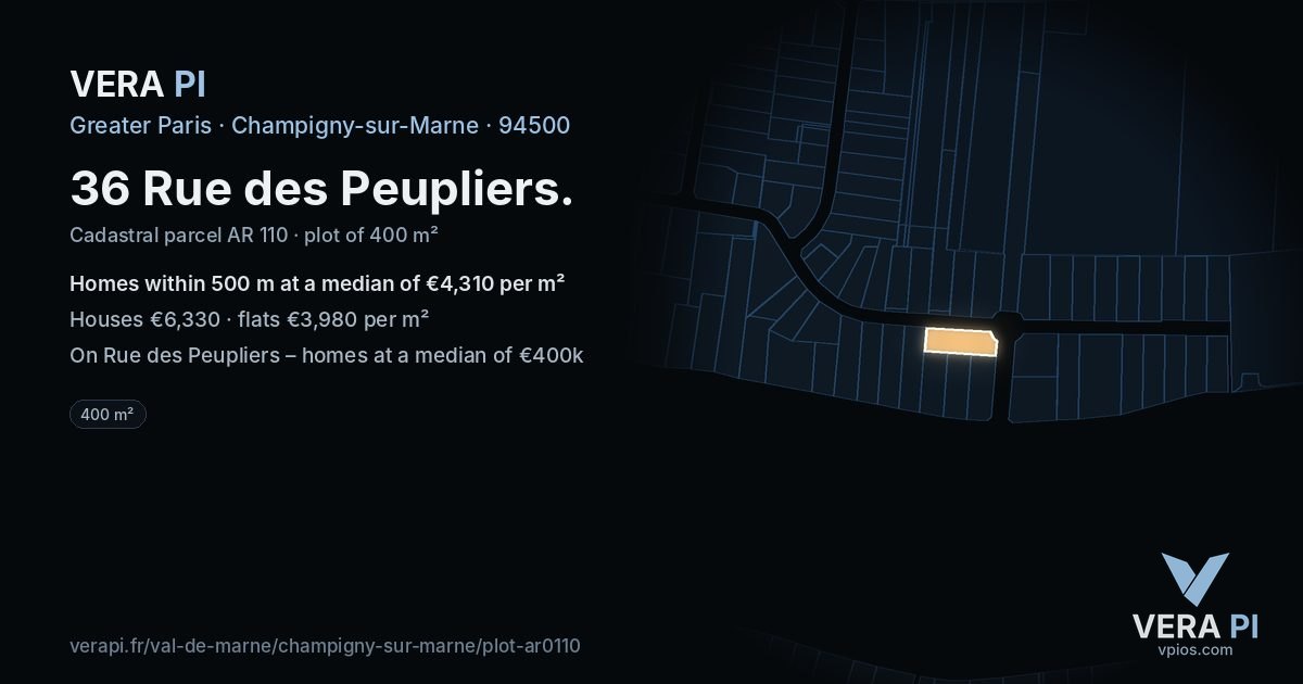 36 Rue des Peupliers, Champigny-sur-Marne at night – the plot lit, the parcels around coloured by the prices near them