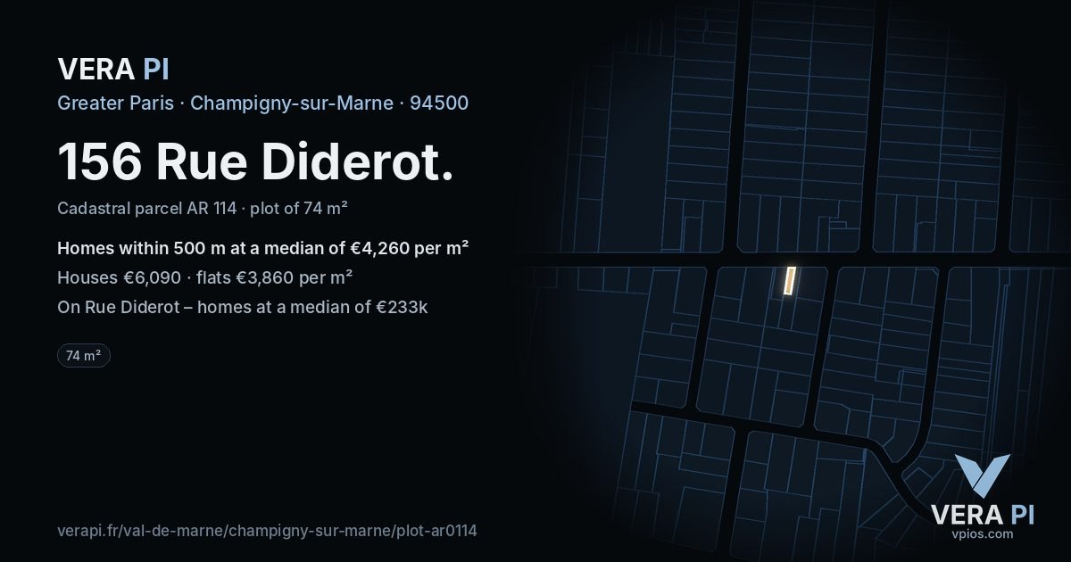 156 Rue Diderot, Champigny-sur-Marne at night – the plot lit, the parcels around coloured by the prices near them