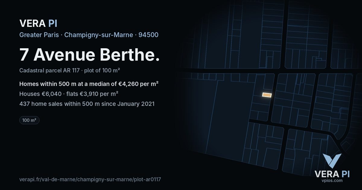 7 Avenue Berthe, Champigny-sur-Marne at night – the plot lit, the parcels around coloured by the prices near them