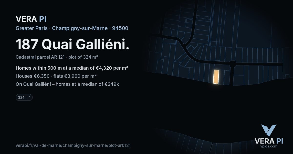 187 Quai Galliéni, Champigny-sur-Marne at night – the plot lit, the parcels around coloured by the prices near them