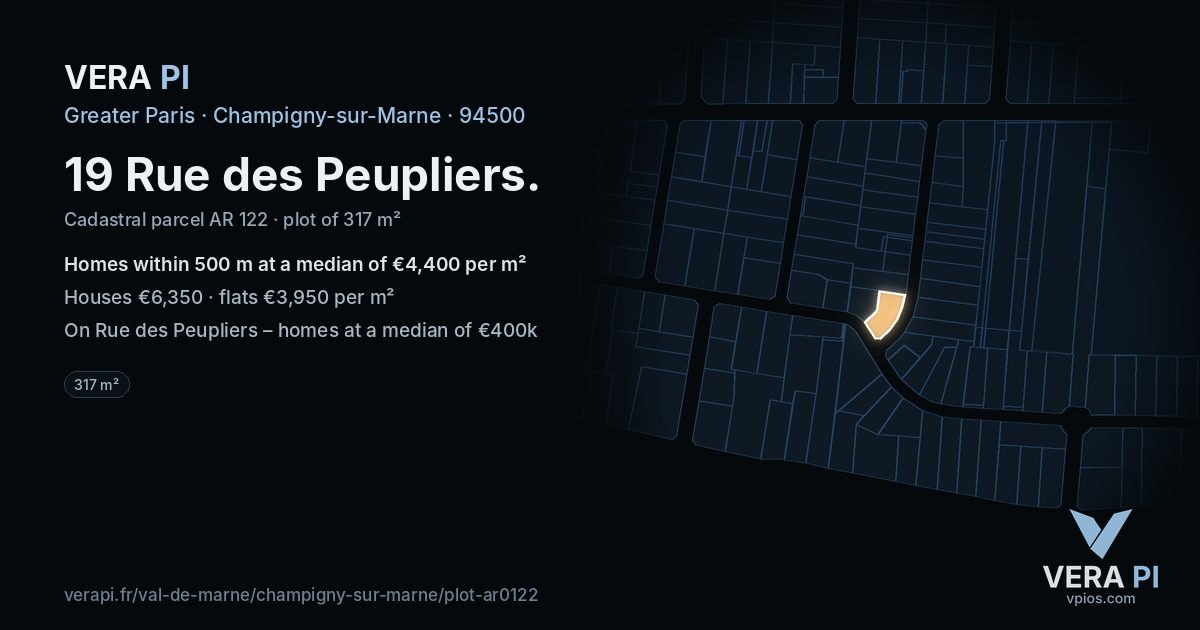 19 Rue des Peupliers, Champigny-sur-Marne at night – the plot lit, the parcels around coloured by the prices near them