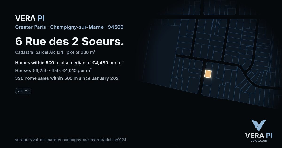 6 Rue des 2 Soeurs, Champigny-sur-Marne at night – the plot lit, the parcels around coloured by the prices near them