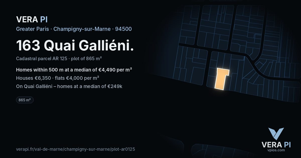163 Quai Galliéni, Champigny-sur-Marne at night – the plot lit, the parcels around coloured by the prices near them