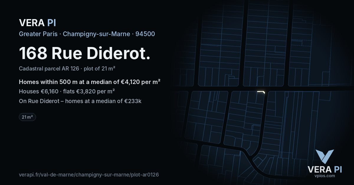 168 Rue Diderot, Champigny-sur-Marne at night – the plot lit, the parcels around coloured by the prices near them
