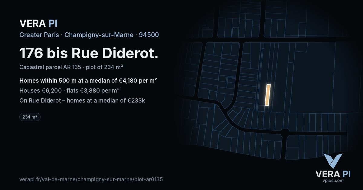 176 bis Rue Diderot, Champigny-sur-Marne at night – the plot lit, the parcels around coloured by the prices near them