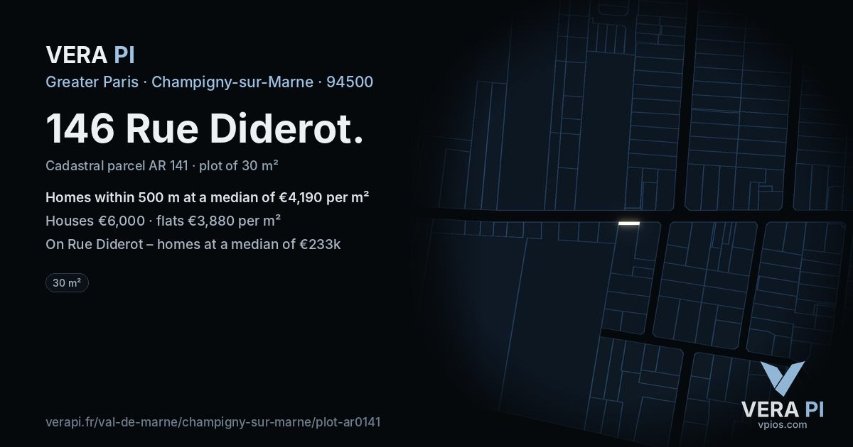 146 Rue Diderot, Champigny-sur-Marne at night – the plot lit, the parcels around coloured by the prices near them