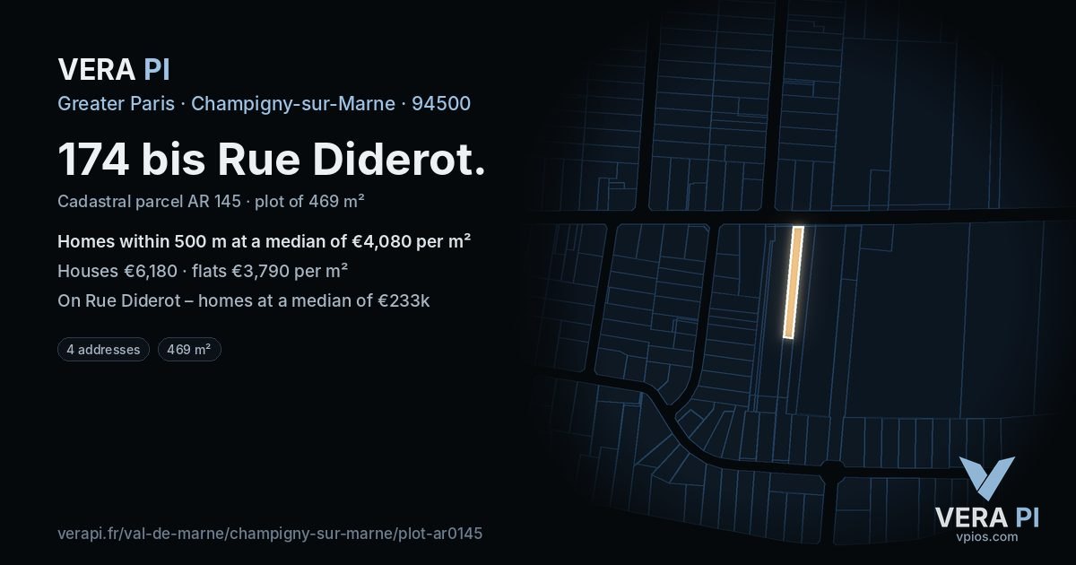 174 bis Rue Diderot, Champigny-sur-Marne at night – the plot lit, the parcels around coloured by the prices near them