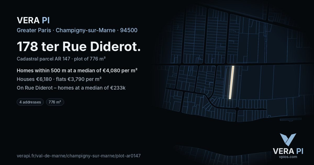 178 ter Rue Diderot, Champigny-sur-Marne at night – the plot lit, the parcels around coloured by the prices near them