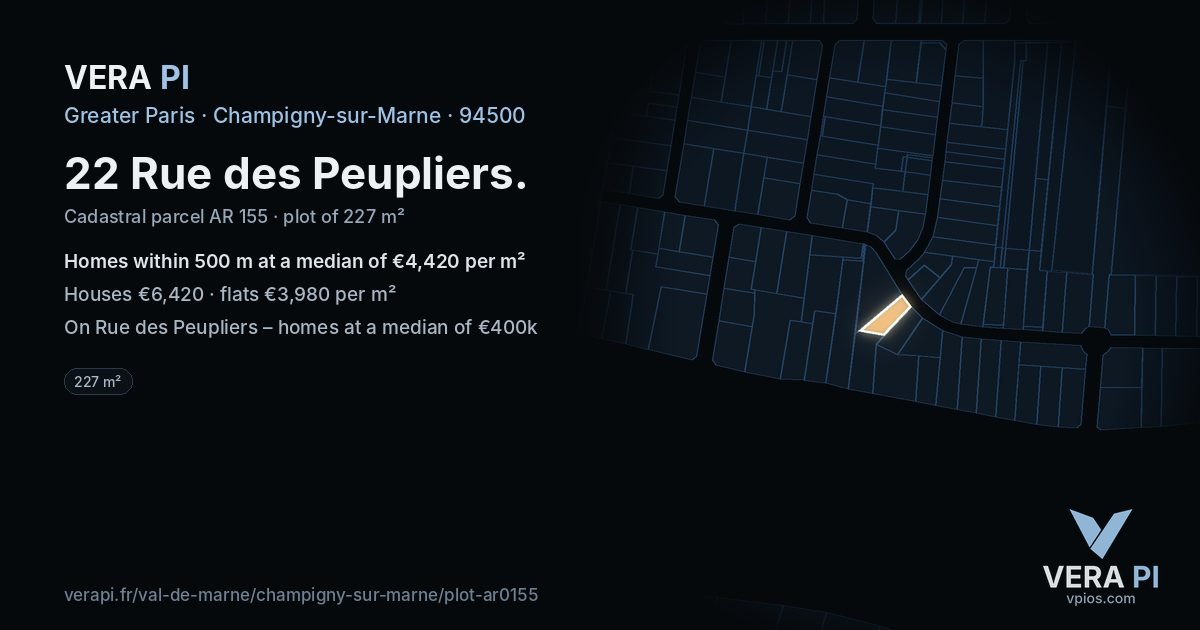 22 Rue des Peupliers, Champigny-sur-Marne at night – the plot lit, the parcels around coloured by the prices near them