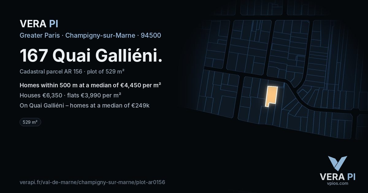 167 Quai Galliéni, Champigny-sur-Marne at night – the plot lit, the parcels around coloured by the prices near them