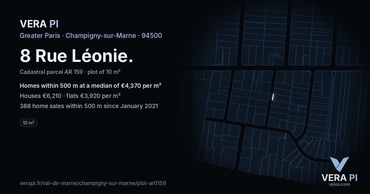8 Rue Léonie, Champigny-sur-Marne at night – the plot lit, the parcels around coloured by the prices near them