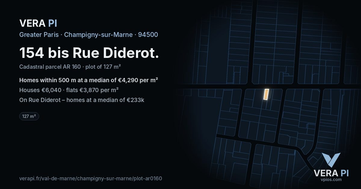 154 bis Rue Diderot, Champigny-sur-Marne at night – the plot lit, the parcels around coloured by the prices near them