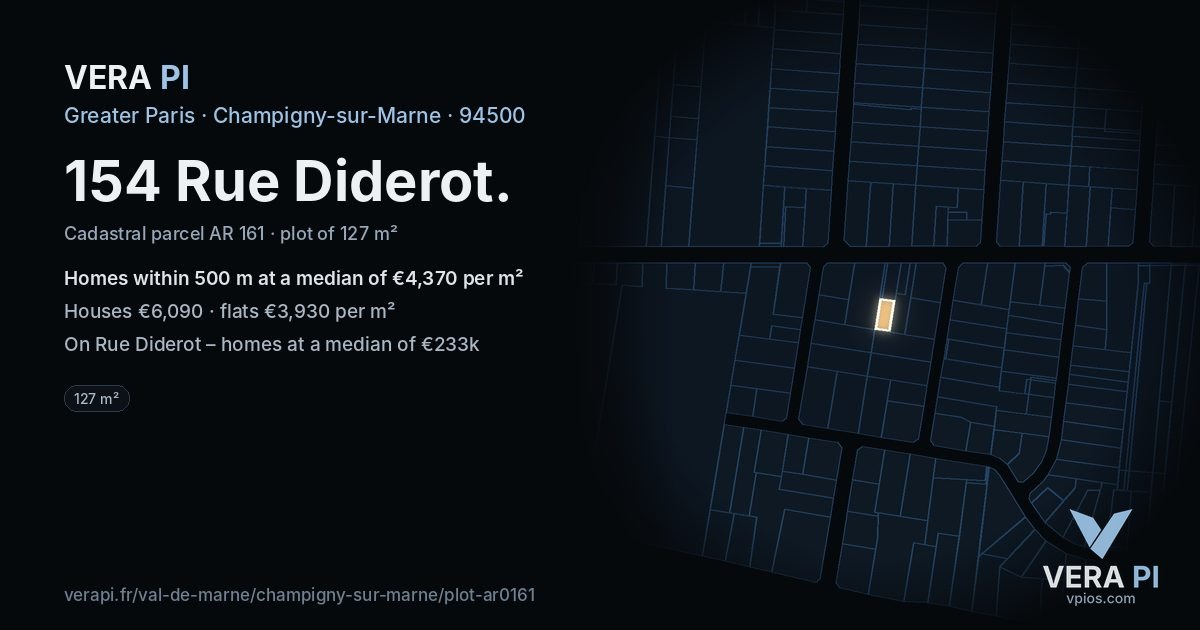 154 Rue Diderot, Champigny-sur-Marne at night – the plot lit, the parcels around coloured by the prices near them