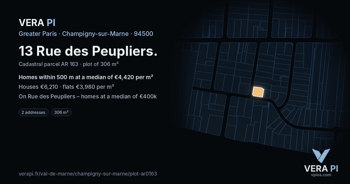 13 Rue des Peupliers, Champigny-sur-Marne at night – the plot lit, the parcels around coloured by the prices near them