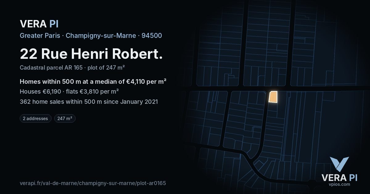 22 Rue Henri Robert, Champigny-sur-Marne at night – the plot lit, the parcels around coloured by the prices near them