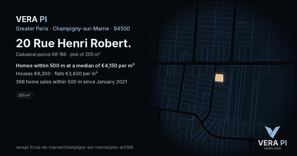 20 Rue Henri Robert, Champigny-sur-Marne at night – the plot lit, the parcels around coloured by the prices near them