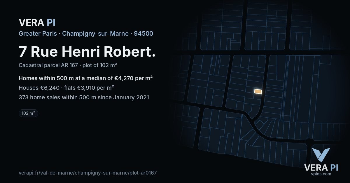 7 Rue Henri Robert, Champigny-sur-Marne at night – the plot lit, the parcels around coloured by the prices near them