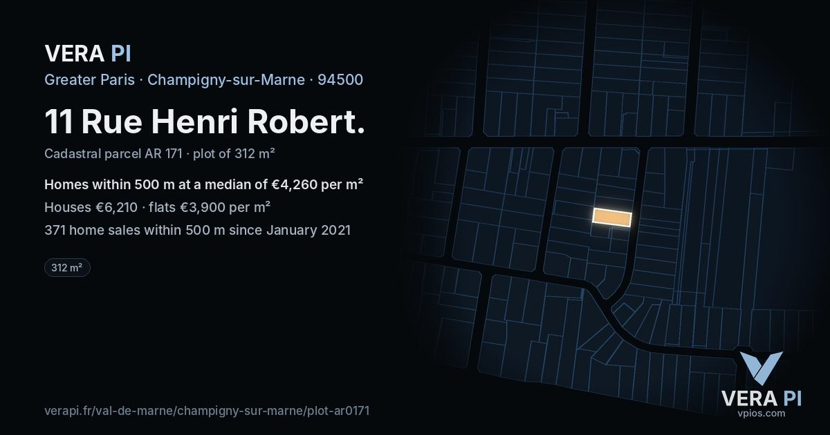 11 Rue Henri Robert, Champigny-sur-Marne at night – the plot lit, the parcels around coloured by the prices near them