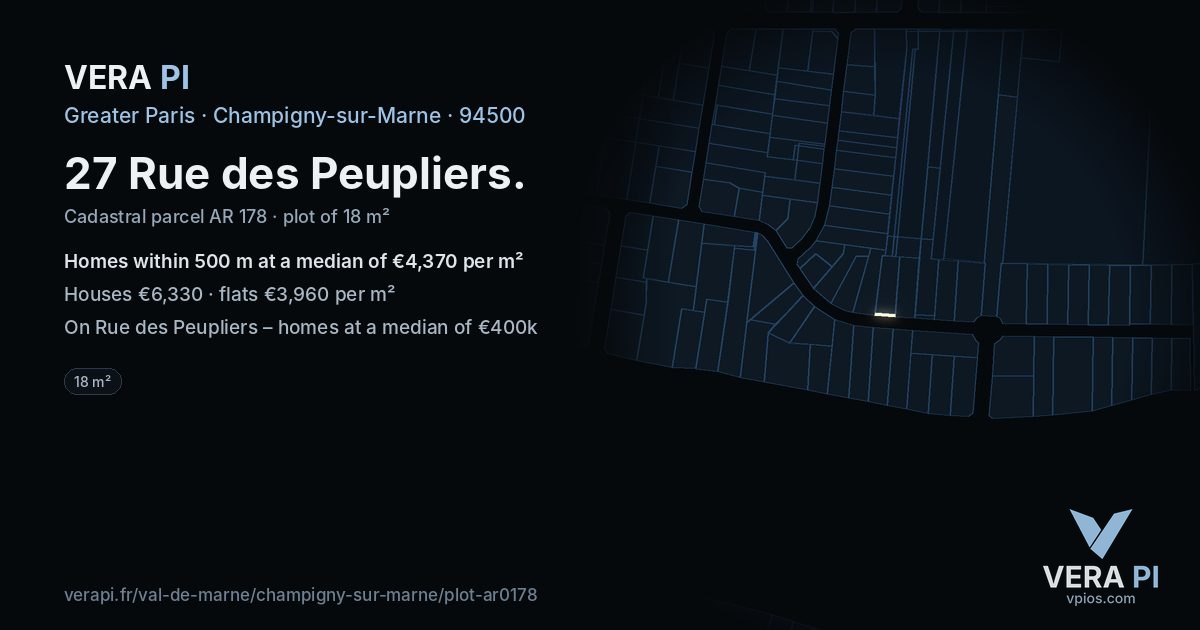 27 Rue des Peupliers, Champigny-sur-Marne at night – the plot lit, the parcels around coloured by the prices near them