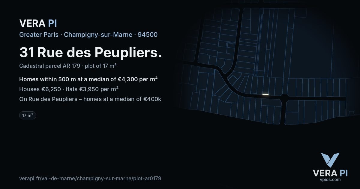 31 Rue des Peupliers, Champigny-sur-Marne at night – the plot lit, the parcels around coloured by the prices near them