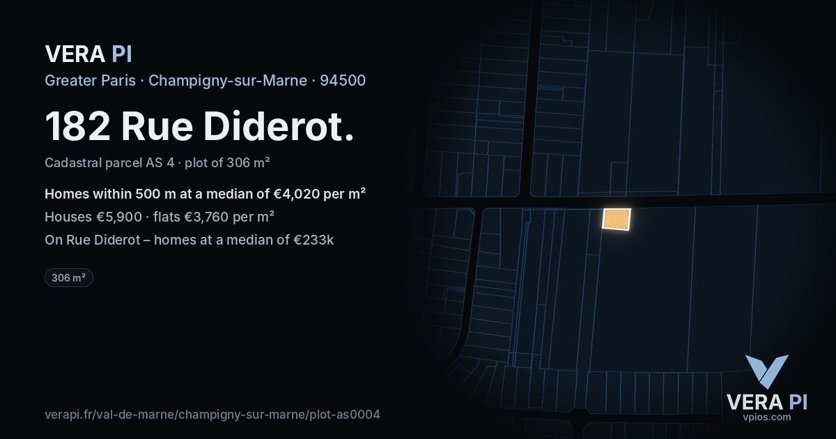 182 Rue Diderot, Champigny-sur-Marne at night – the plot lit, the parcels around coloured by the prices near them