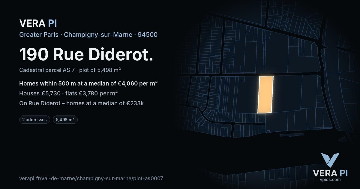 190 Rue Diderot, Champigny-sur-Marne at night – the plot lit, the parcels around coloured by the prices near them