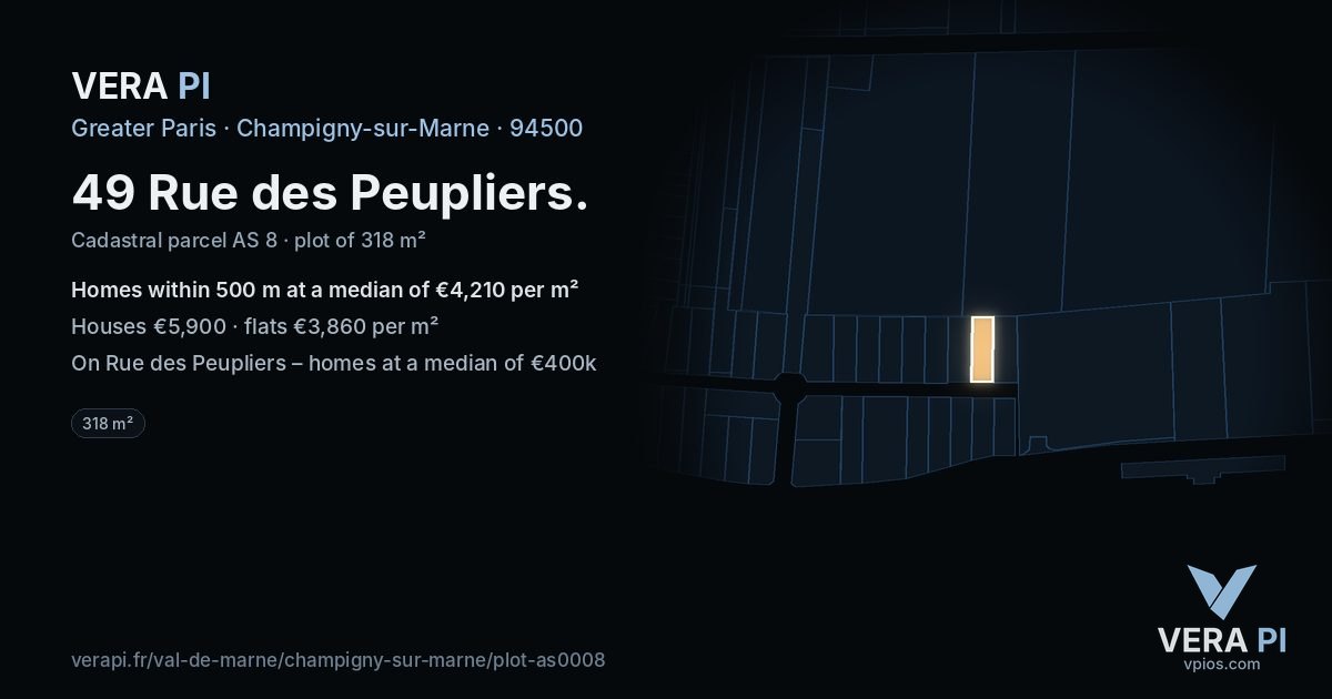 49 Rue des Peupliers, Champigny-sur-Marne at night – the plot lit, the parcels around coloured by the prices near them