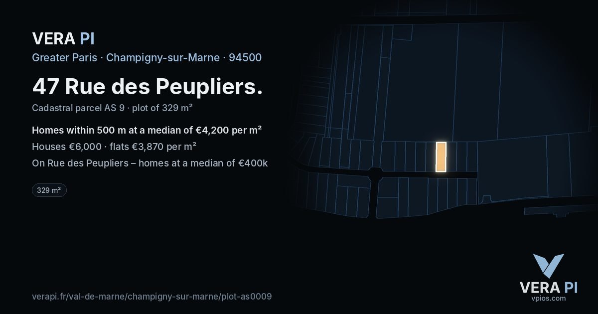 47 Rue des Peupliers, Champigny-sur-Marne at night – the plot lit, the parcels around coloured by the prices near them