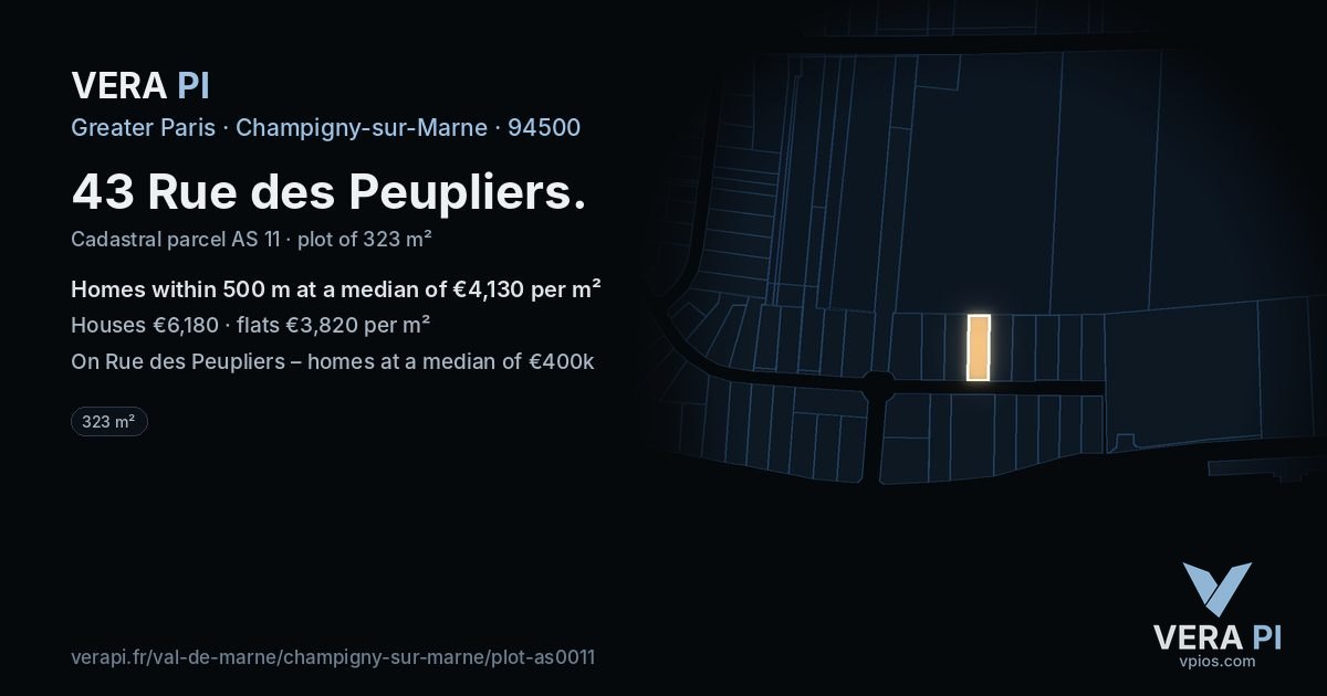 43 Rue des Peupliers, Champigny-sur-Marne at night – the plot lit, the parcels around coloured by the prices near them