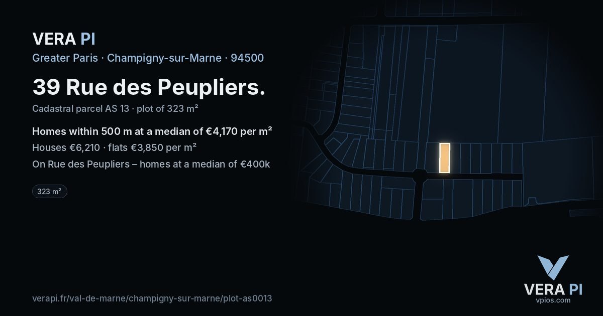 39 Rue des Peupliers, Champigny-sur-Marne at night – the plot lit, the parcels around coloured by the prices near them