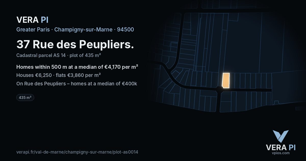 37 Rue des Peupliers, Champigny-sur-Marne at night – the plot lit, the parcels around coloured by the prices near them