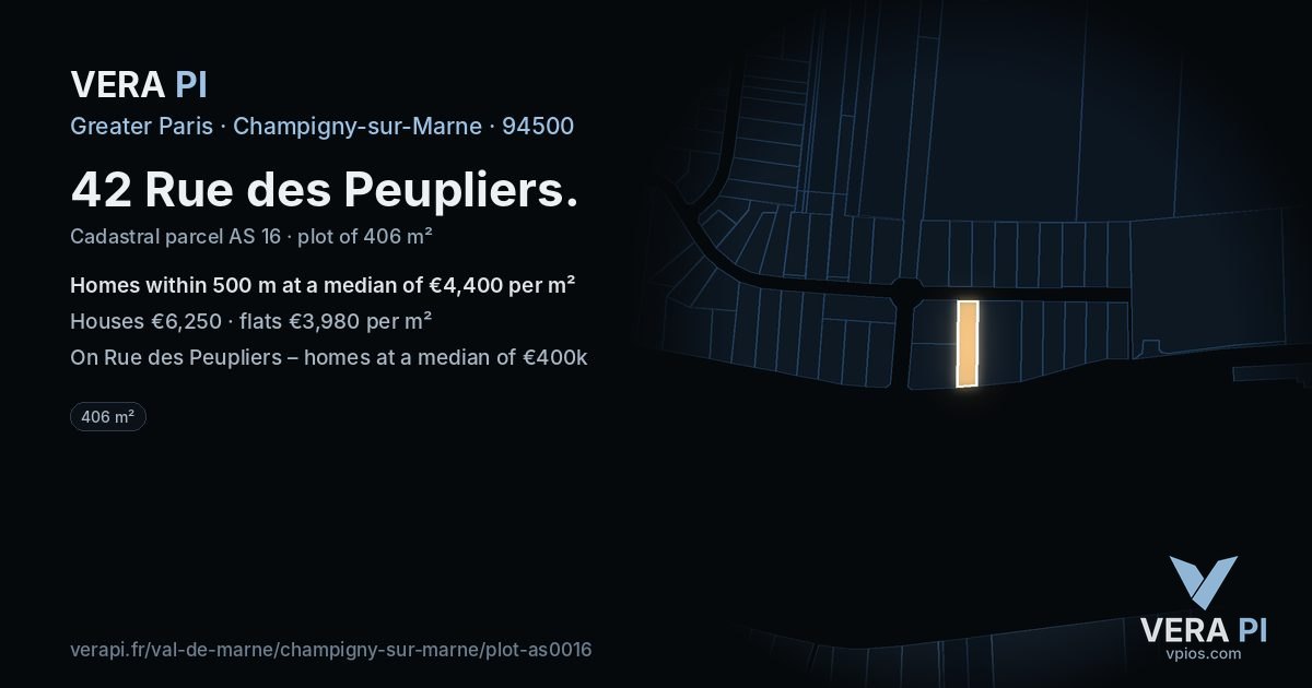42 Rue des Peupliers, Champigny-sur-Marne at night – the plot lit, the parcels around coloured by the prices near them
