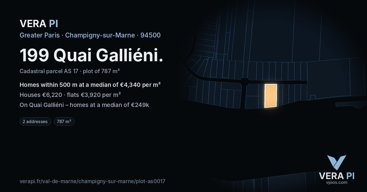 199 Quai Galliéni, Champigny-sur-Marne at night – the plot lit, the parcels around coloured by the prices near them