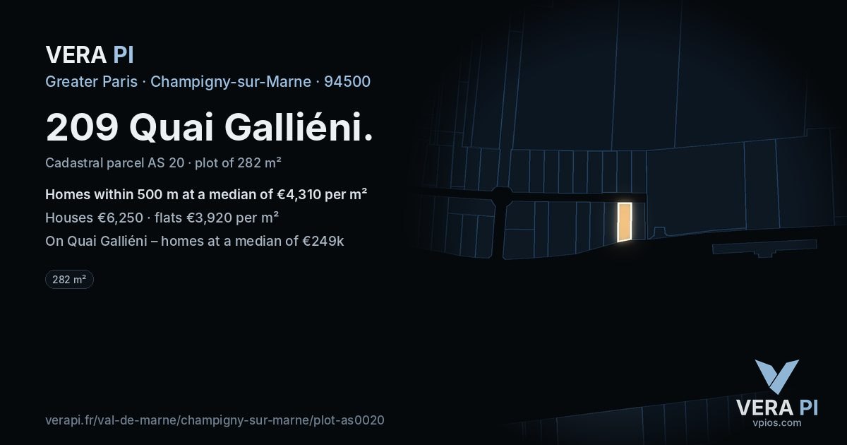 209 Quai Galliéni, Champigny-sur-Marne at night – the plot lit, the parcels around coloured by the prices near them