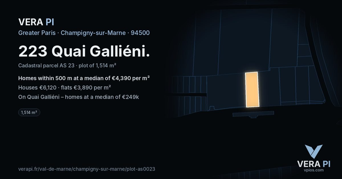 223 Quai Galliéni, Champigny-sur-Marne at night – the plot lit, the parcels around coloured by the prices near them